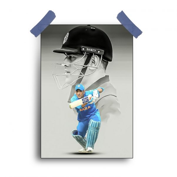 A Mahendra Singh Dhoni poster featuring his iconic moments in cricket.