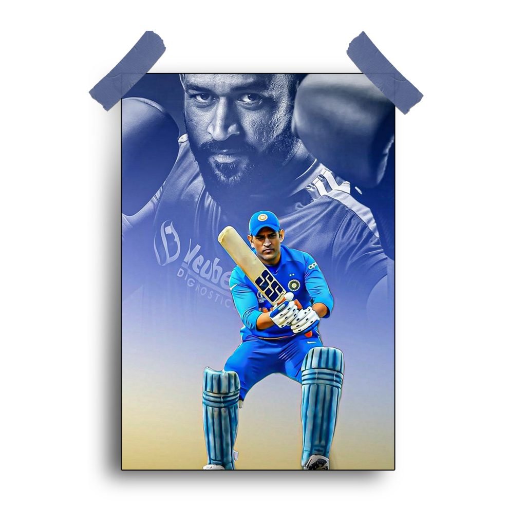 ms dhoni big poster capturing his legendary moments in cricket.