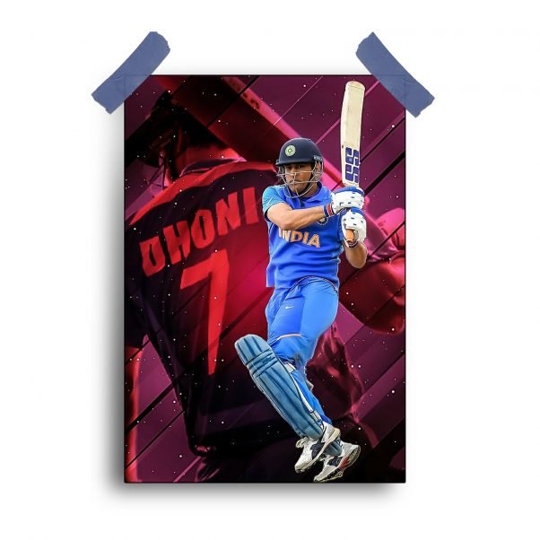 Poster of Dhoni featuring iconic cricket moments, available for purchase online.