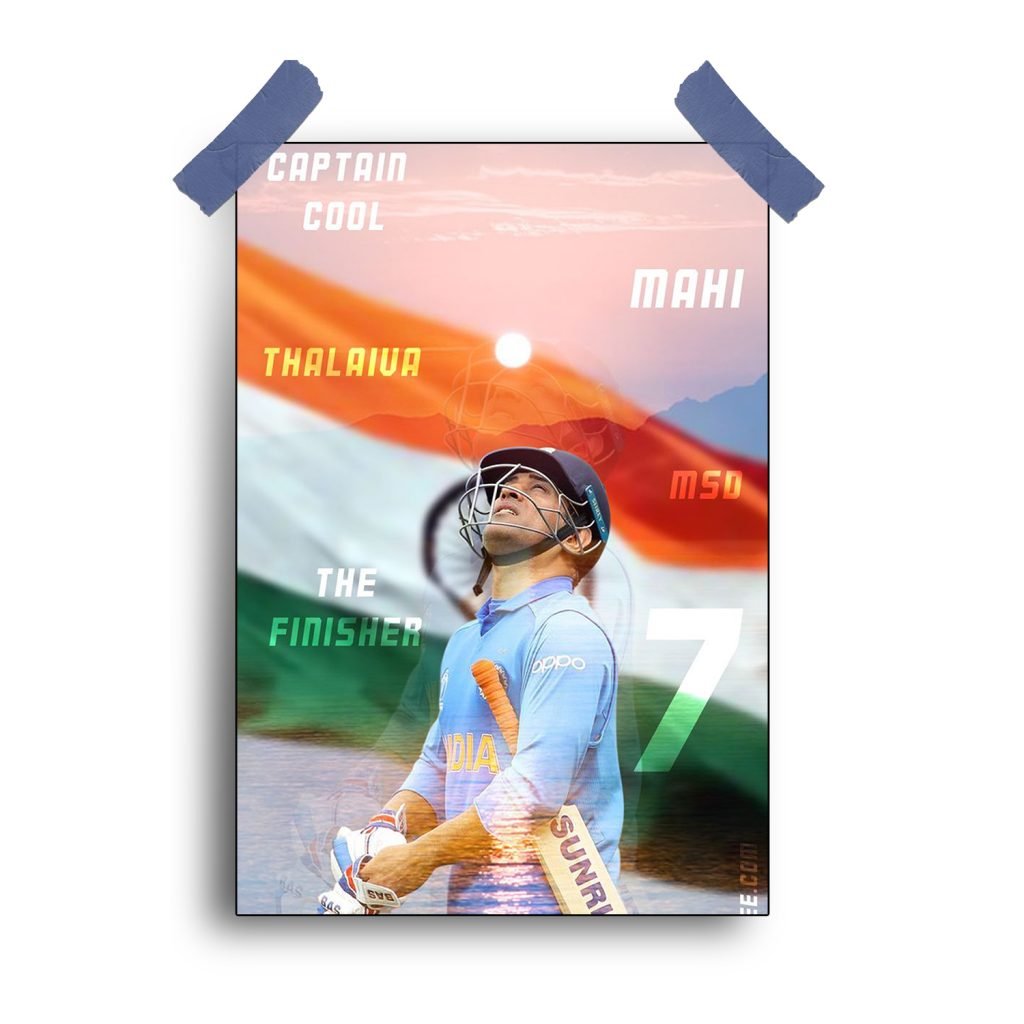 Poster of MS Dhoni showcasing iconic cricket moments and leadership.