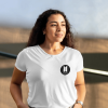 female model with curly hair wearing tshirt mockup 00166
