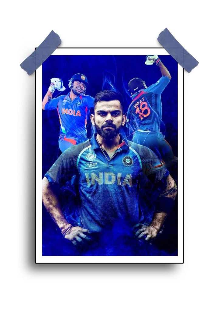 Poster Virat Kohli showcasing iconic moments in cricket