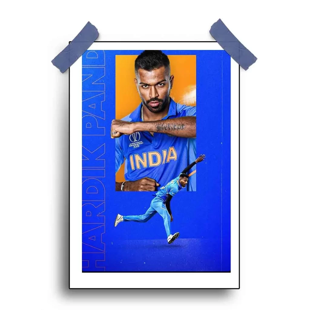Hardik Pandya wall poster featuring a dynamic action shot of the cricketer in motion.