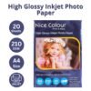 Sleek pack of A4 glossy photo paper featuring vibrant printed images, showcasing smooth, high-gloss surface ideal for professional inkjet printing.