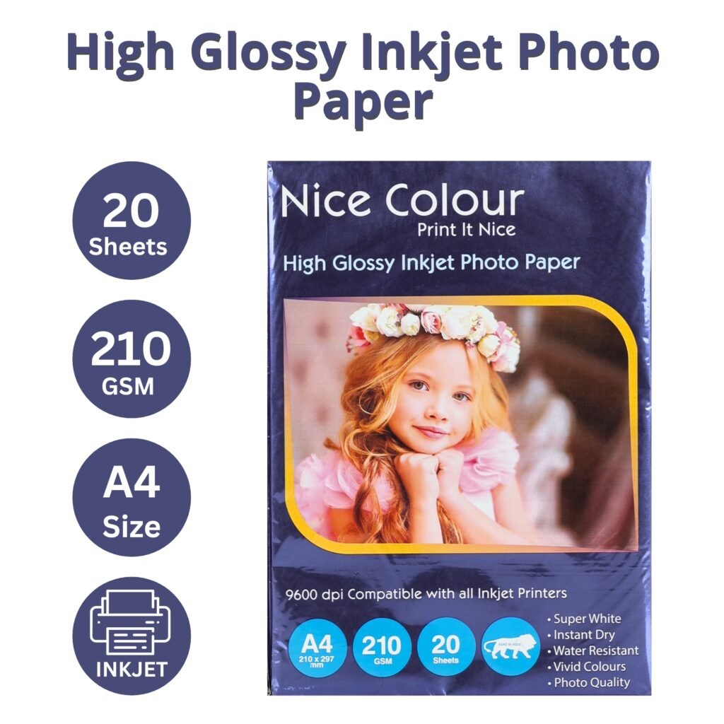 Sleek pack of A4 glossy photo paper featuring vibrant printed images, showcasing smooth, high-gloss surface ideal for professional inkjet printing.