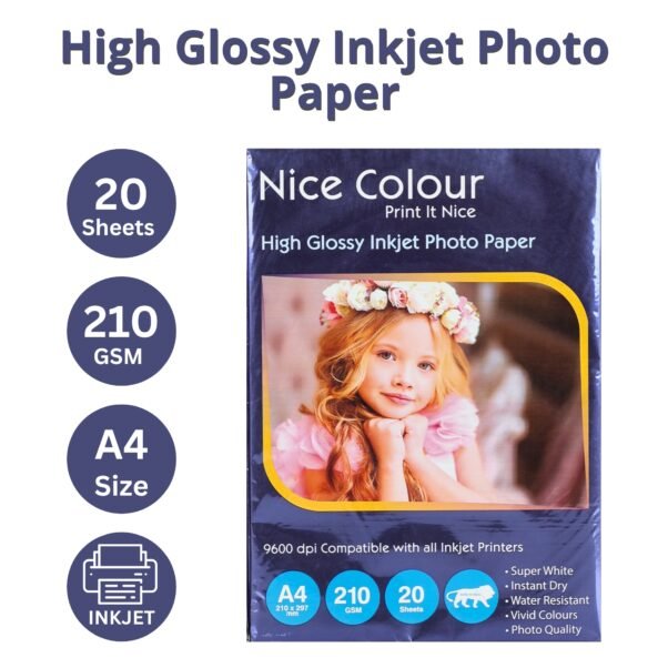 Sleek pack of A4 glossy photo paper featuring vibrant printed images, showcasing smooth, high-gloss surface ideal for professional inkjet printing.
