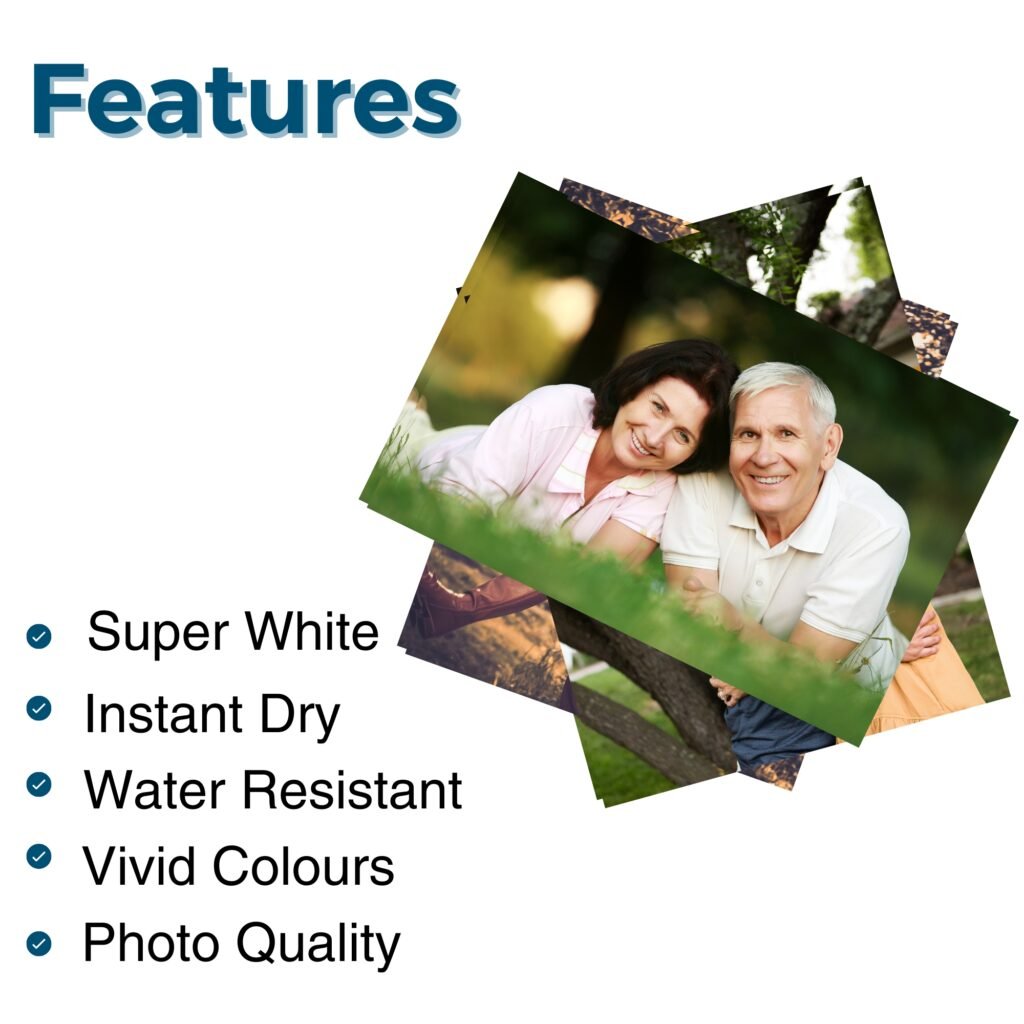 Sleek pack of A4 glossy photo paper featuring vibrant printed images, showcasing smooth, high-gloss surface ideal for professional inkjet printing.