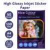 High Glossy Inkjet Sticker Paper A4 130 GSM Pack of 50 Sheets
