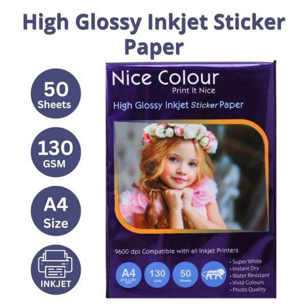 High Glossy Inkjet Sticker Paper A4 130 GSM Pack of 50 Sheets