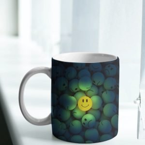 Smiley Coffee Mug with a cheerful yellow face on durable ceramic.