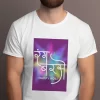 A family of four wearing colorful Holi t-shirts, smiling and ready to celebrate.