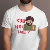 A model wearing a colorful Holi ki T Shirt with a traditional motif.