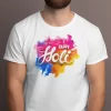 A model wearing a colorful Holi ki T-Shirt with a traditional motif.