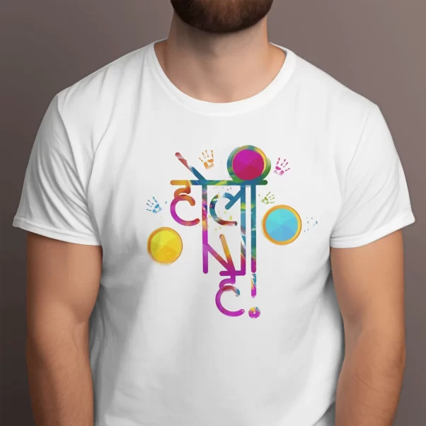 Person wearing a vibrant Holi printed t-shirt