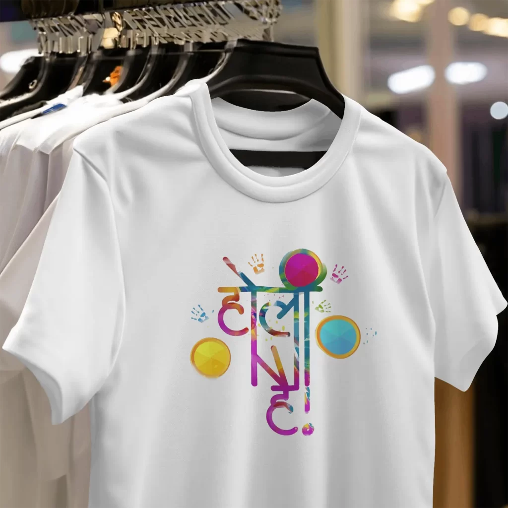 Person wearing a vibrant Holi printed t-shirt