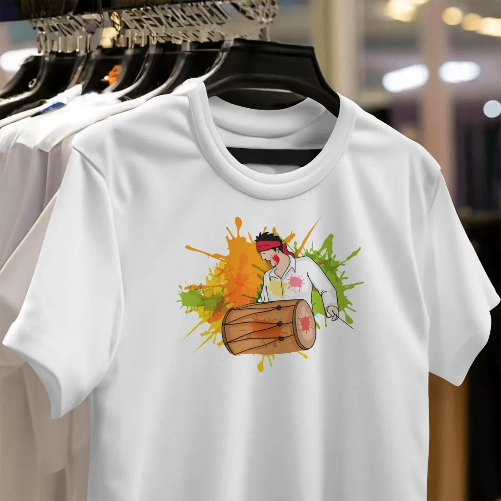 Close-up view of a variety of Happy Holi T-Shirt designs showcasing vibrant colors and festive messages.