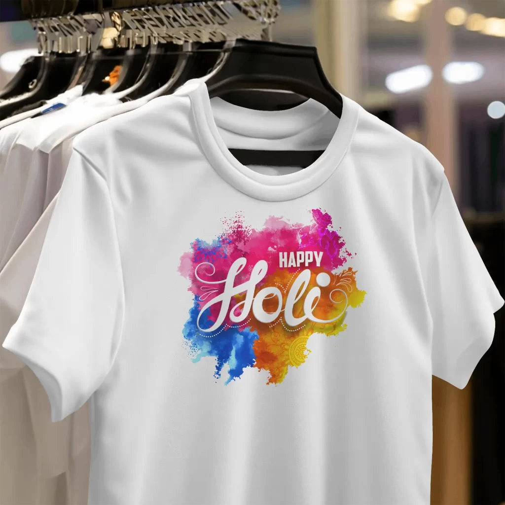 A model wearing a colorful Holi ki T-Shirt with a traditional motif