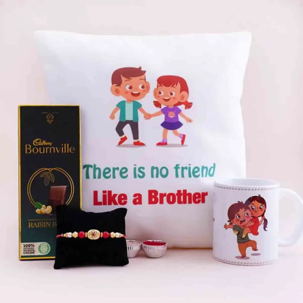 Send Rakhi Online - Combo: Printed Mug, Printed Pillow, Rakhi & Cadbury