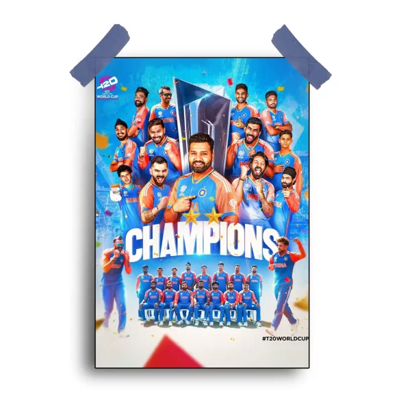 High-quality Indian cricket poster celebrating Team India's victory in the T20 World Cup 2024.