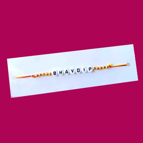 Custom Name Bead Rakhi featuring personalized name beads and colorful design