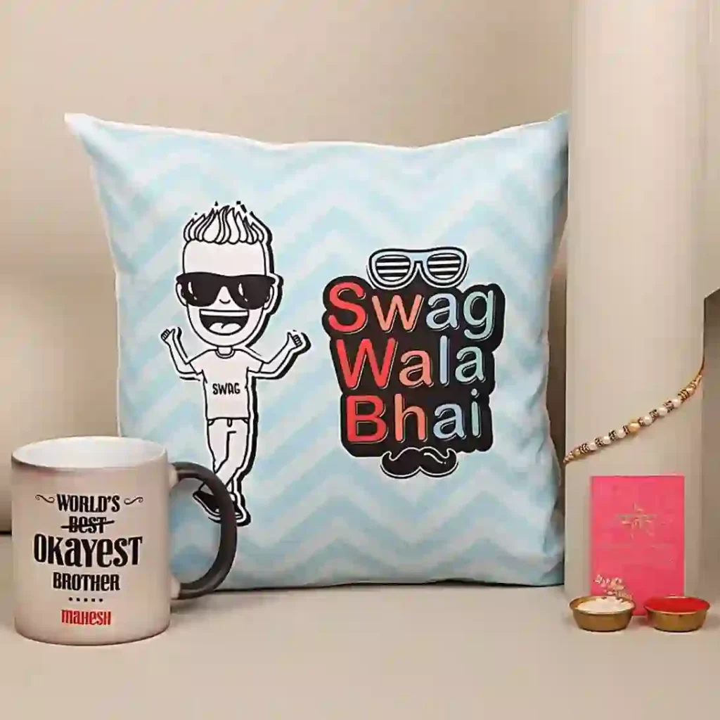 Rakhi Send Online Hamper with Printed Mug, Printed Pillow, and Rakhi