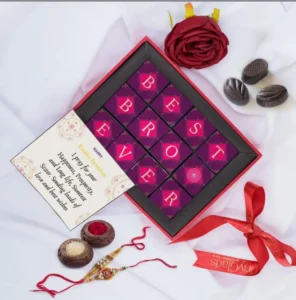 Best Bro Ever Hamper featuring letter chocolates, Rakhi/bracelet, Roli Chawal, and Rakhi Card