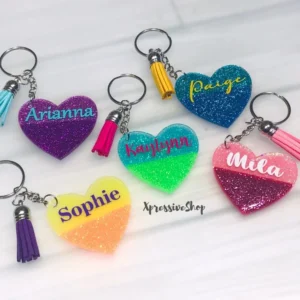 Personalized Glitter Heart Keychains Custom Heart Key Chain Acrylic Keychain Shimmer Keychain Name Backpack tag