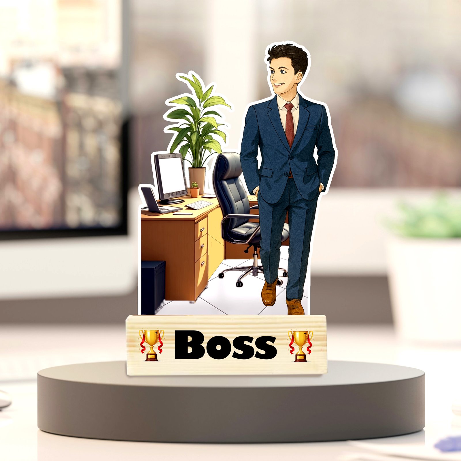 A custom-drawn male Boss Ghibli caricature with characteristic Ghibli art style and a whimsical background, showing a man's unique features.