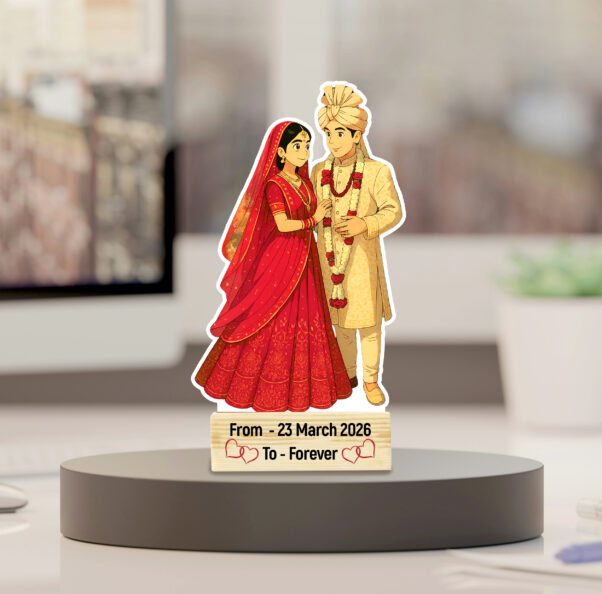 Vibrant custom Indian wedding couple caricature by Printitnice, showing a smiling bride in a lehenga and groom in a sherwani