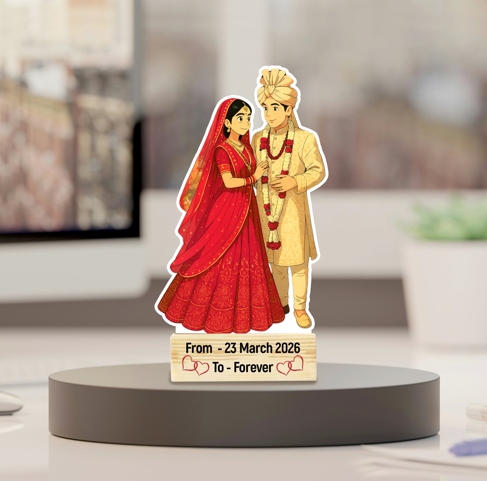 Vibrant custom Indian wedding couple caricature by Printitnice, showing a smiling bride in a lehenga and groom in a sherwani