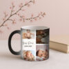 A white baby magic mug, initially plain, with steam rising as hot milk is poured, slowly revealing a sweet photo of a newborn baby sleeping, alongside their birth date and weight printed in soft pastel colors.