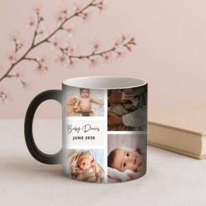 A white baby magic mug, initially plain, with steam rising as hot milk is poured, slowly revealing a sweet photo of a newborn baby sleeping, alongside their birth date and weight printed in soft pastel colors.