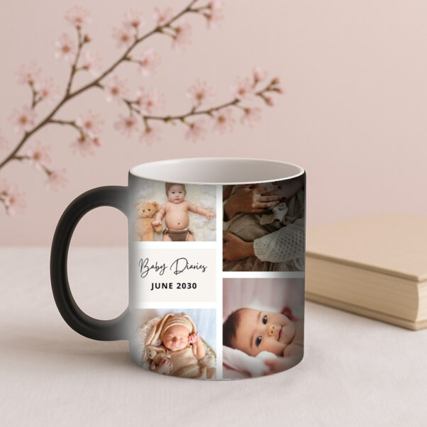 A white baby magic mug, initially plain, with steam rising as hot milk is poured, slowly revealing a sweet photo of a newborn baby sleeping, alongside their birth date and weight printed in soft pastel colors.