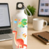 A vibrant green Dino Theme Kids Sipper Bottle featuring playful dinosaur illustrations and a convenient spill-proof straw lid.