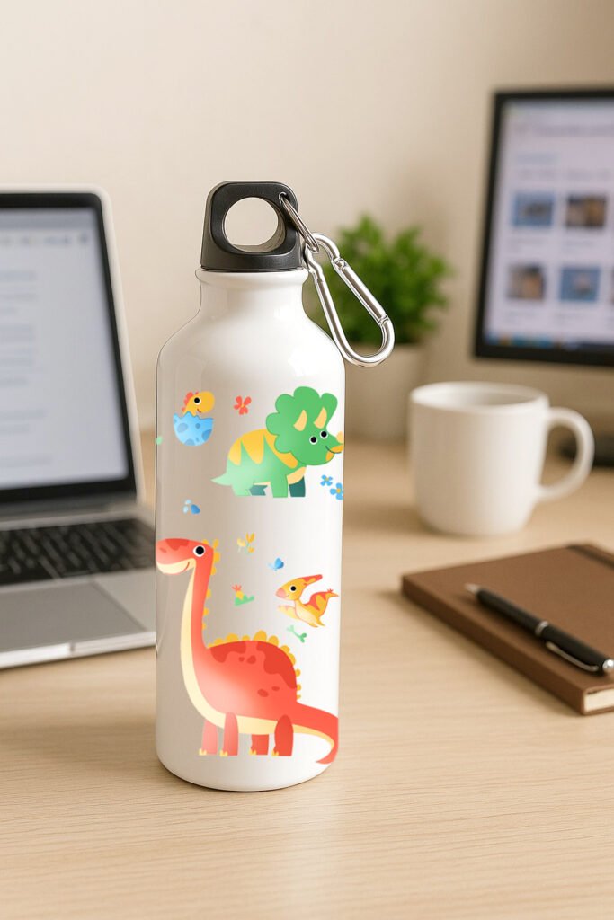 A vibrant green Dino Theme Kids Sipper Bottle featuring playful dinosaur illustrations and a convenient spill-proof straw lid.