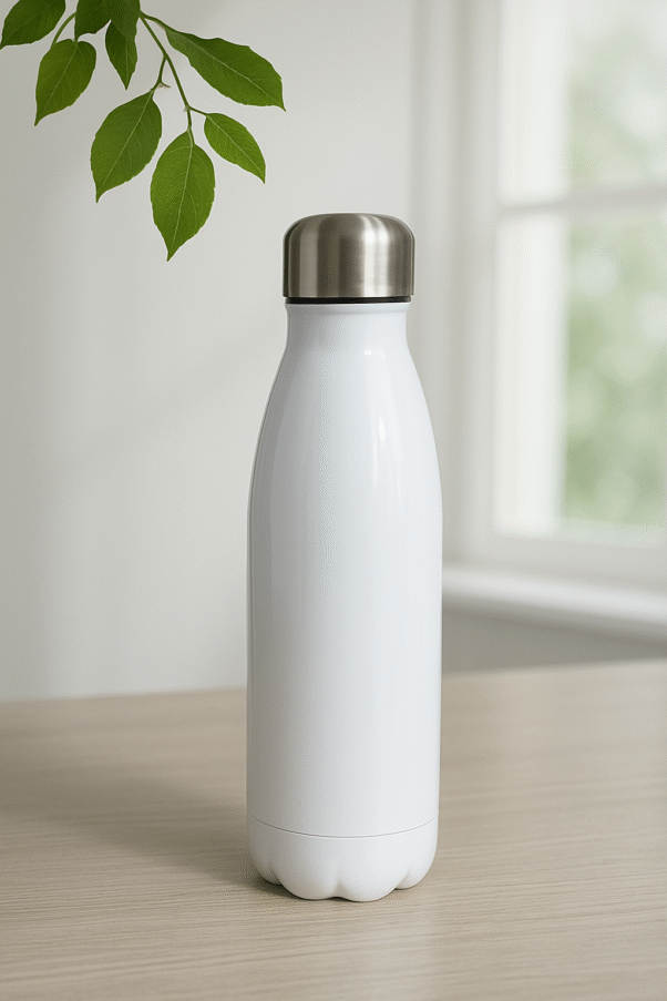 A colorful Personalized UV Sticker Bottle showcasing a vibrant, full-color custom photo and text design, appearing smooth and durable.