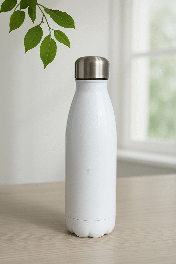 A colorful Personalized UV Sticker Bottle showcasing a vibrant, full-color custom photo and text design, appearing smooth and durable.