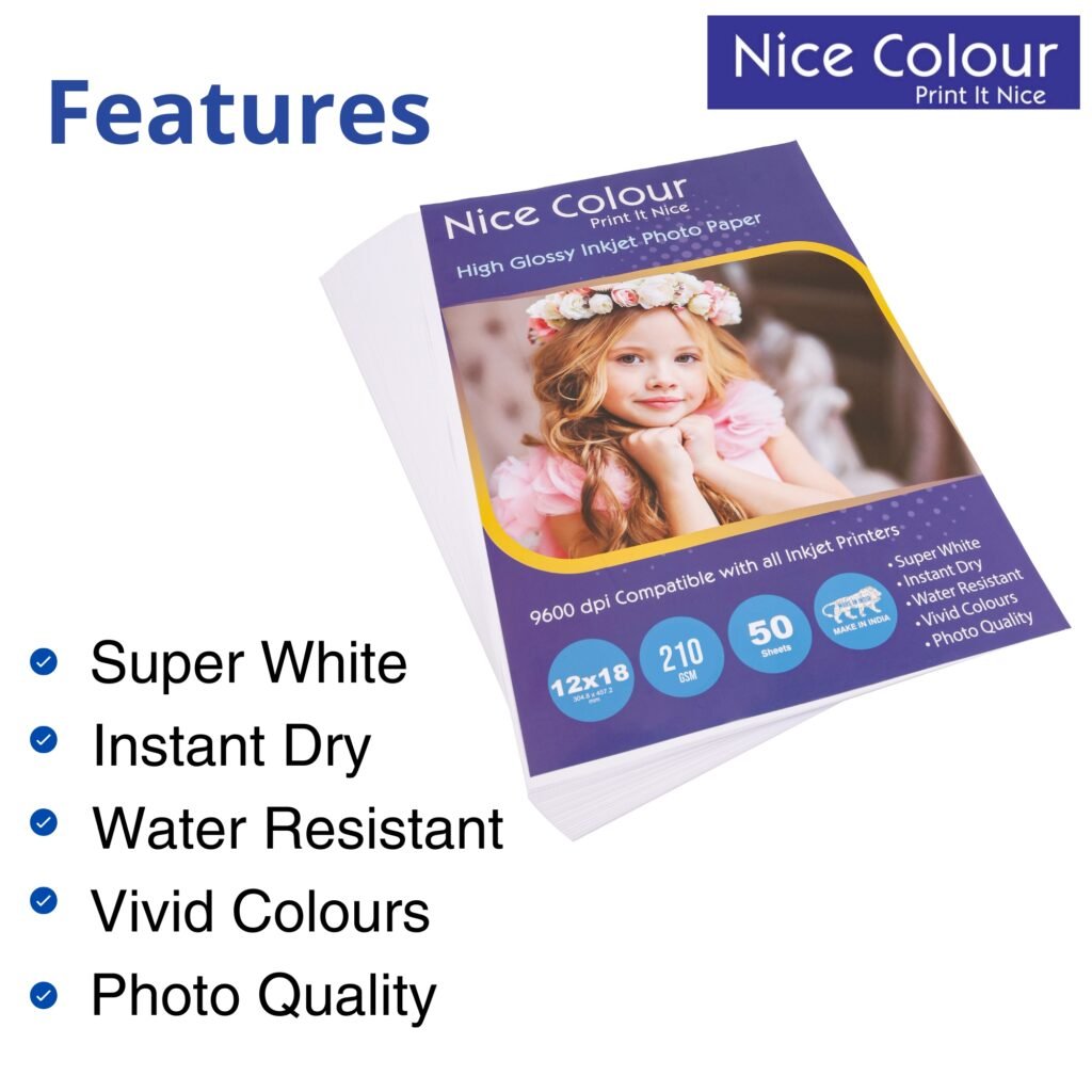 A stack of "High Glossy Inkjet Photo Paper 12x18 Inch 210GSM 50 Sheet" showcasing its thick, brilliant surface, positioned next to a high-resolution inkjet print displaying vibrant colors and sharp detail.