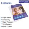 A stack of "High Glossy Inkjet Photo Paper 12x18in 180 GSM 50 Sheets" showing its highly reflective surface, next to an inkjet printer, with a large, vibrant printed photograph showcasing excellent color reproduction and sharp detail.