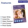 A stack of "High Glossy Inkjet Photo Paper 13x19 Inch 180GSM 50 Sheet" highlighting its smooth, reflective surface, next to an inkjet printer, with a printed 13x19 inch photograph showcasing vibrant colors and impressive detail.