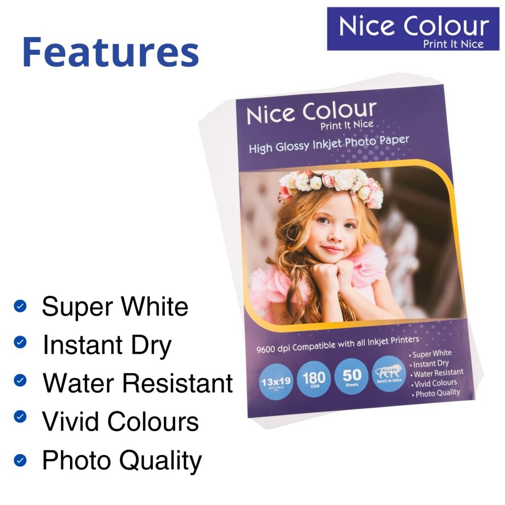 A stack of "High Glossy Inkjet Photo Paper 13x19 Inch 180GSM 50 Sheet" highlighting its smooth, reflective surface, next to an inkjet printer, with a printed 13x19 inch photograph showcasing vibrant colors and impressive detail.