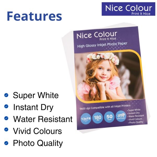 A stack of "High Glossy Inkjet Photo Paper 13x19 Inch 180GSM 50 Sheet" highlighting its smooth, reflective surface, next to an inkjet printer, with a printed 13x19 inch photograph showcasing vibrant colors and impressive detail.