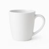 A stylish ceramic coffee cup for her, featuring an elegant floral design and a personalized name in a delicate script font, filled with steaming hot coffee, resting on a wooden coaster next to a small potted plant.