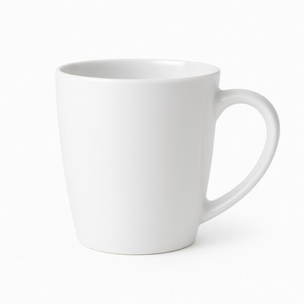 A stylish ceramic coffee cup for her, featuring an elegant floral design and a personalized name in a delicate script font, filled with steaming hot coffee, resting on a wooden coaster next to a small potted plant.