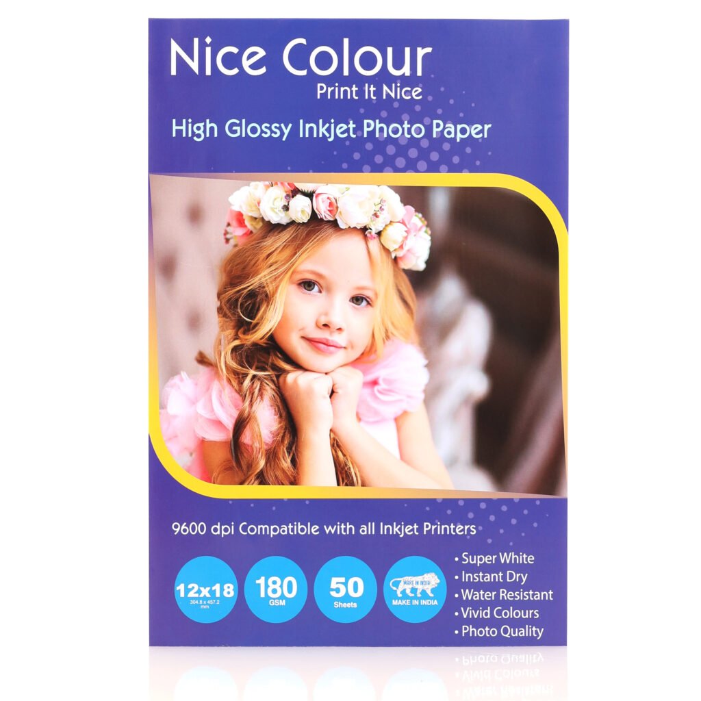 A stack of "High Glossy Inkjet Photo Paper 12x18in 180 GSM 50 Sheets" showing its highly reflective surface, next to an inkjet printer, with a large, vibrant printed photograph showcasing excellent color reproduction and sharp detail.