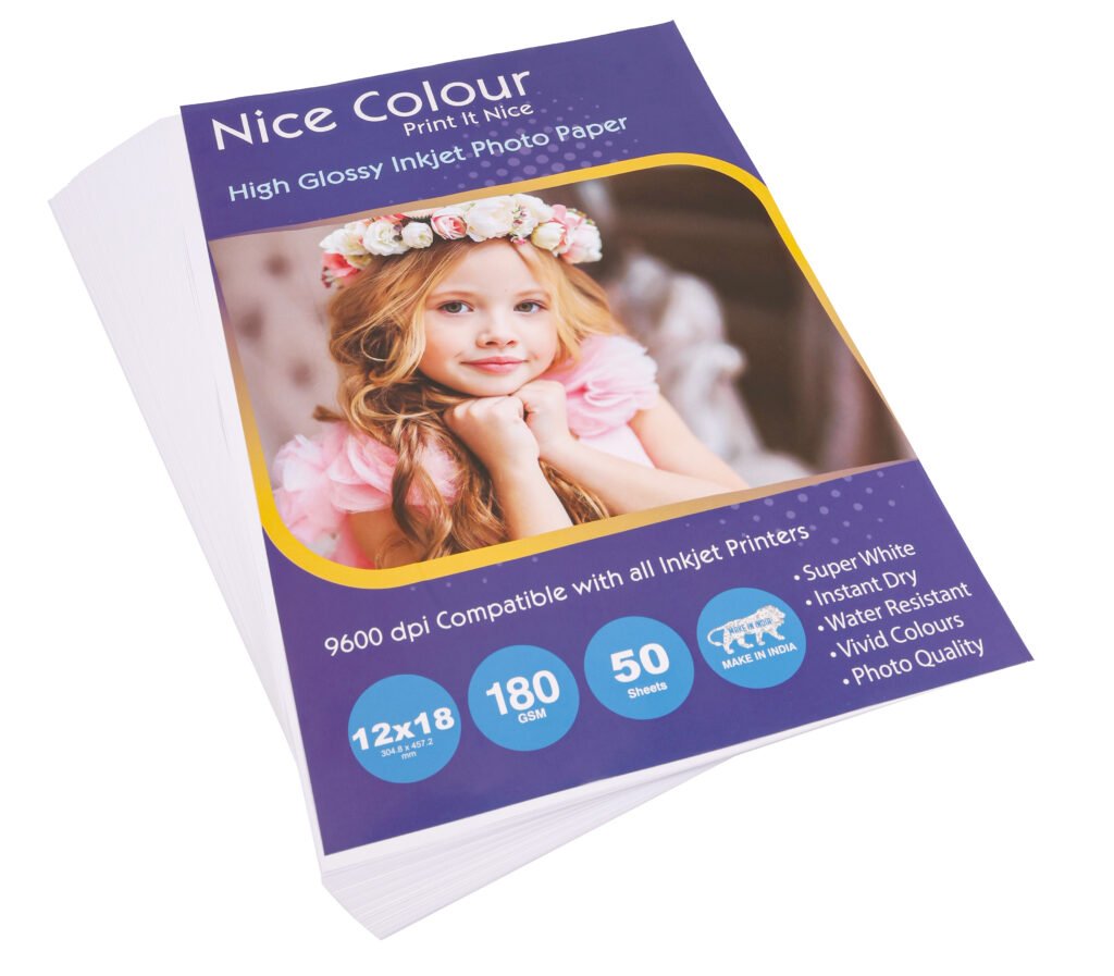 A stack of "High Glossy Inkjet Photo Paper 12x18in 180 GSM 50 Sheets" showing its highly reflective surface, next to an inkjet printer, with a large, vibrant printed photograph showcasing excellent color reproduction and sharp detail.