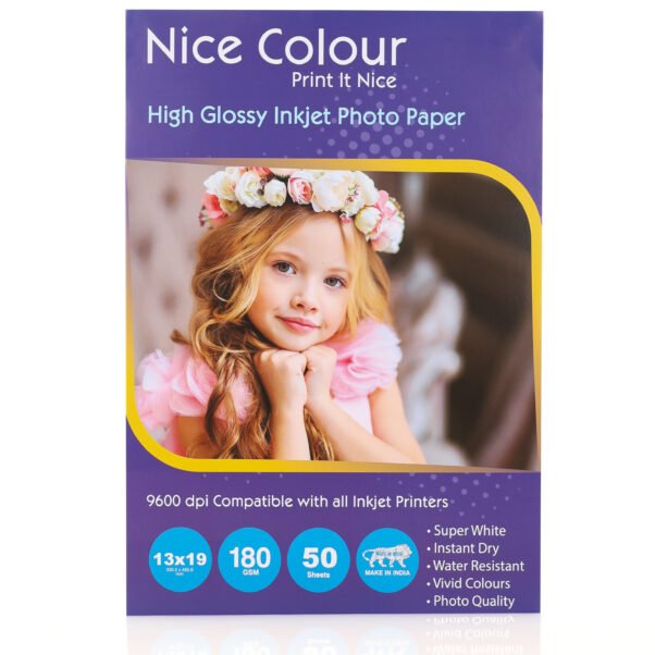 A stack of "High Glossy Inkjet Photo Paper 13x19 Inch 180GSM 50 Sheet" highlighting its smooth, reflective surface, next to an inkjet printer, with a printed 13x19 inch photograph showcasing vibrant colors and impressive detail.