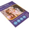 A stack of "High Glossy Inkjet Photo Paper 13x19 Inch 180GSM 50 Sheet" highlighting its smooth, reflective surface, next to an inkjet printer, with a printed 13x19 inch photograph showcasing vibrant colors and impressive detail.