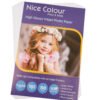 A stack of "High Glossy Inkjet Photo Paper 13x19 Inch 180GSM 50 Sheet" highlighting its smooth, reflective surface, next to an inkjet printer, with a printed 13x19 inch photograph showcasing vibrant colors and impressive detail.