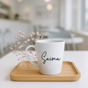 A Personalized Coffee Cup for Her featuring an elegant floral design and a personalized name in a delicate script font, filled with steaming hot coffee, resting on a wooden coaster next to a small potted plant.